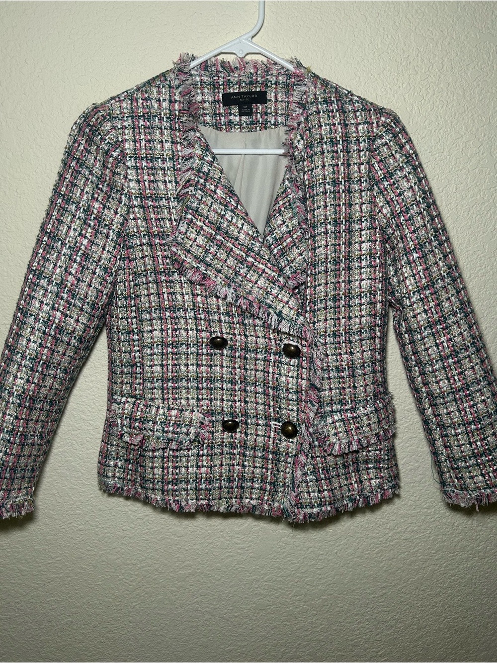 Ann Taylor Pink Multi-Color Tweed Double-Breasted Fringe Jacket 00P Girl Mature - Picture 2 of 8